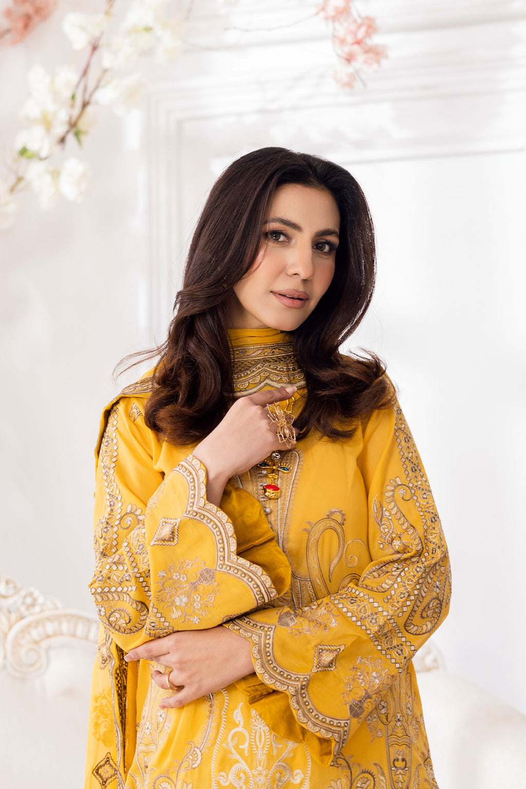 Johra Gold Swiss Voil Heavy Embroidered Lawn Unstitched 3Pcs