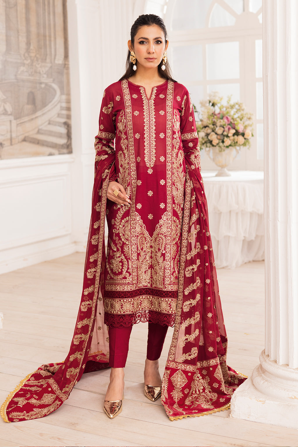 Johra Gold Swiss Voil Heavy Embroidered Lawn Unstitched 3Pcs