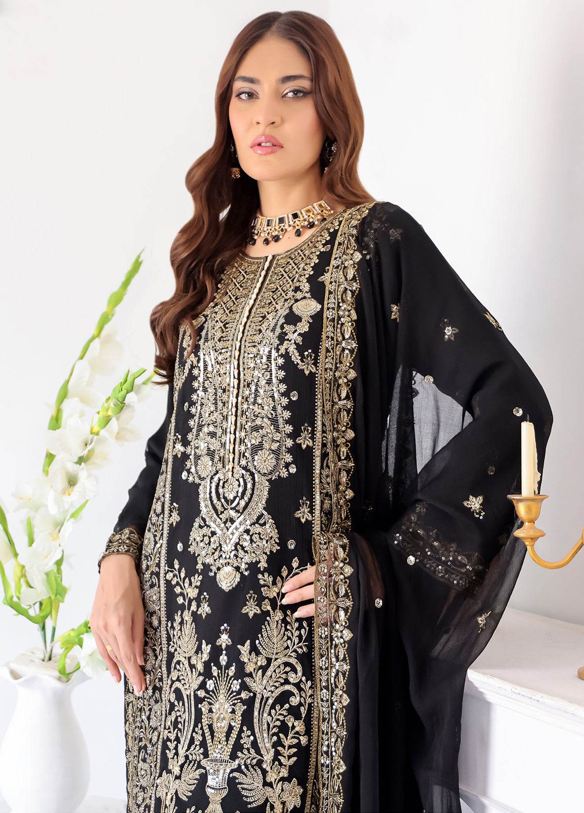 Zahikah By Bin Hameed Luxury Embroidered Chiffon Untitched 3pcs - Jotey
