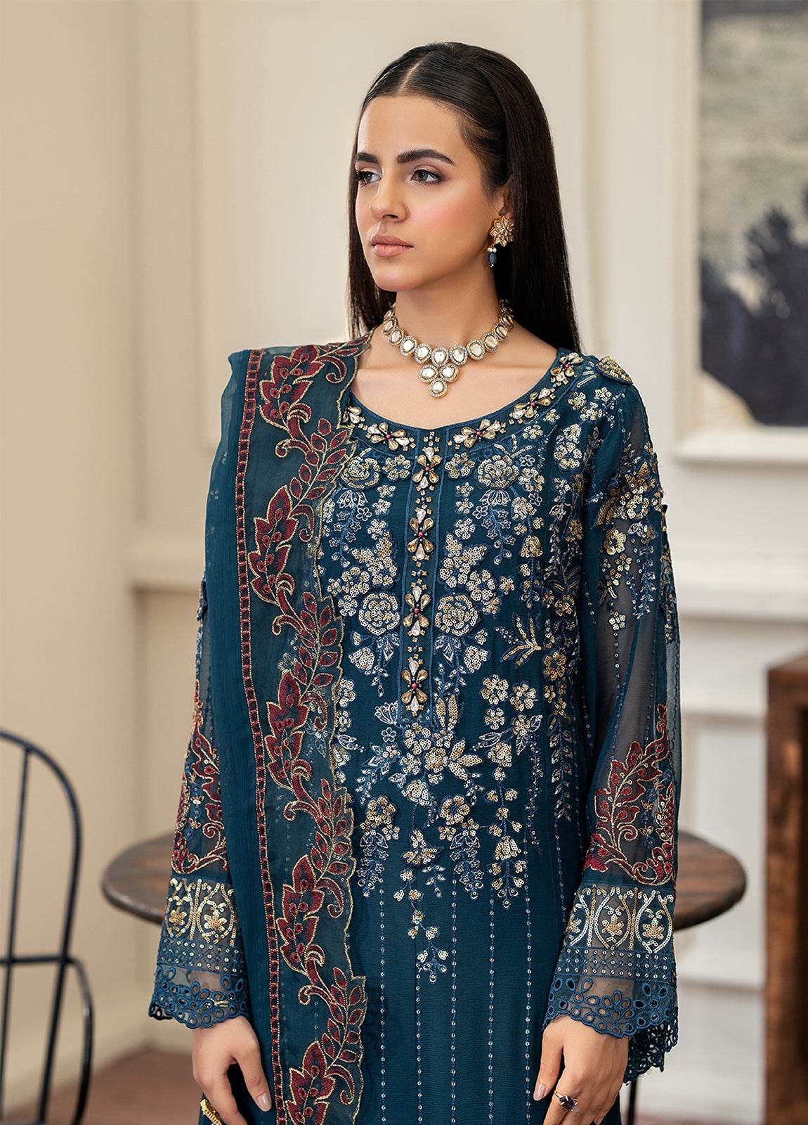Tabassum By ZA Clothes Embroidered Chiffon Semi-Stitched 3pcs - Jotey