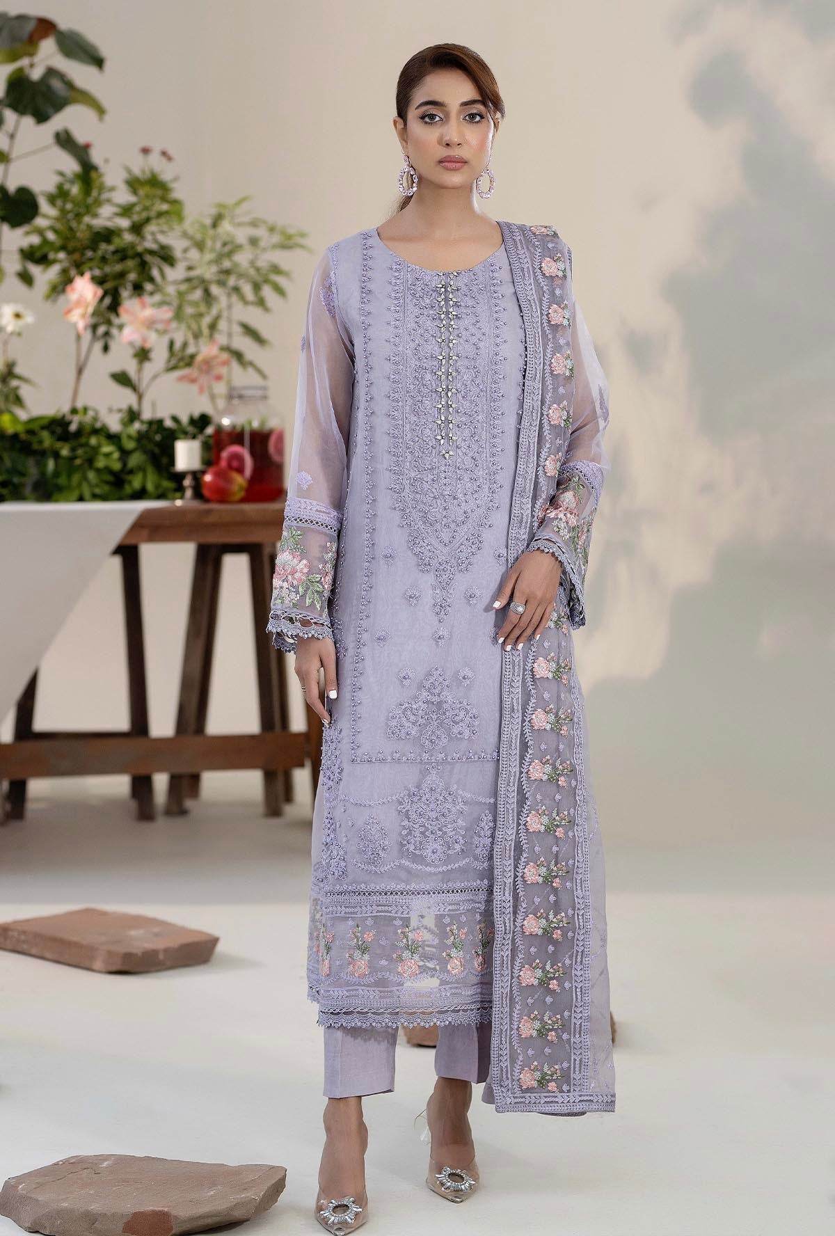 Roshnai By ZA Clothes Embroidered Semi-Stitched Organza 3pcs - Jotey