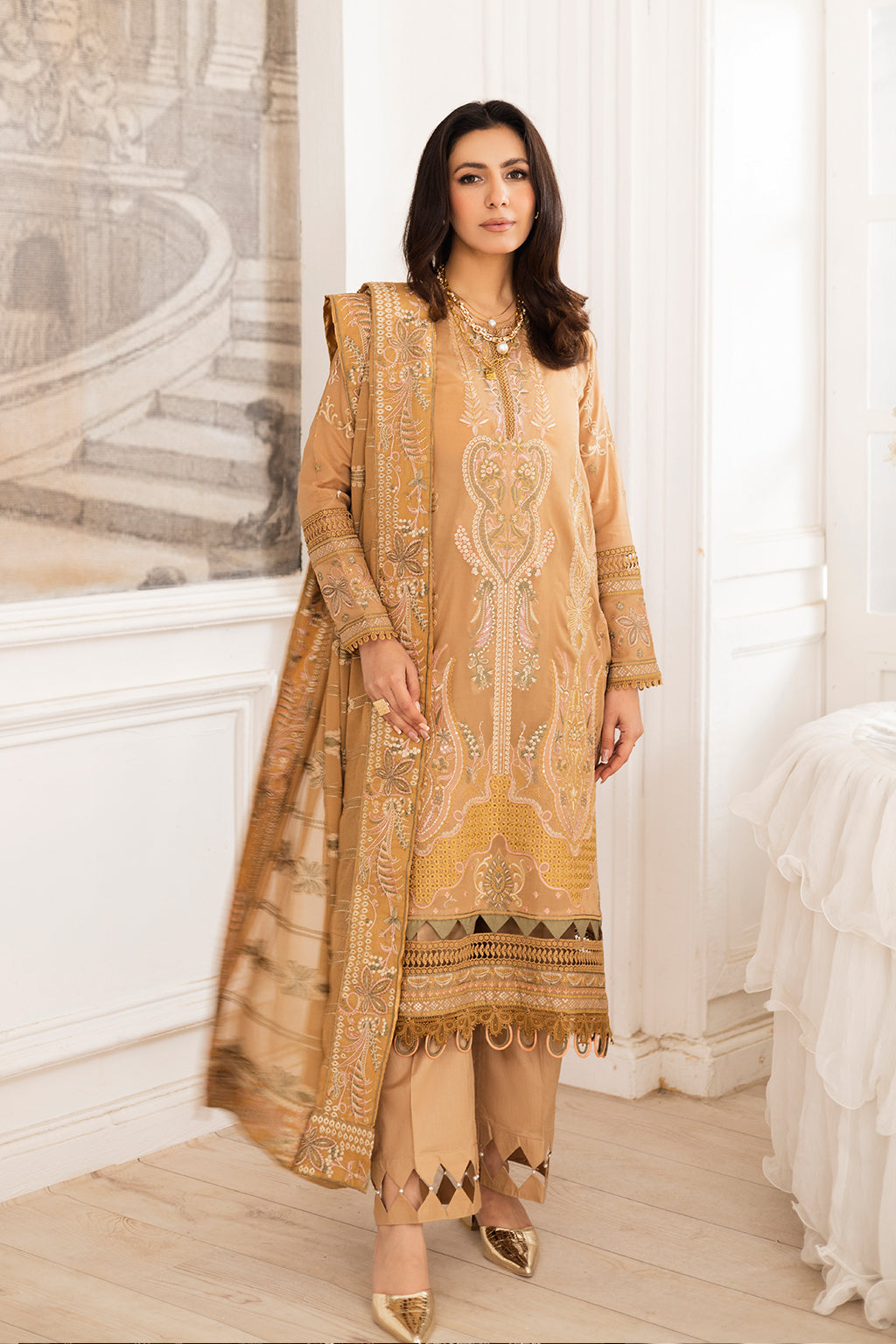 Johra Gold Swiss Voil Heavy Embroidered Lawn Unstitched 3Pcs