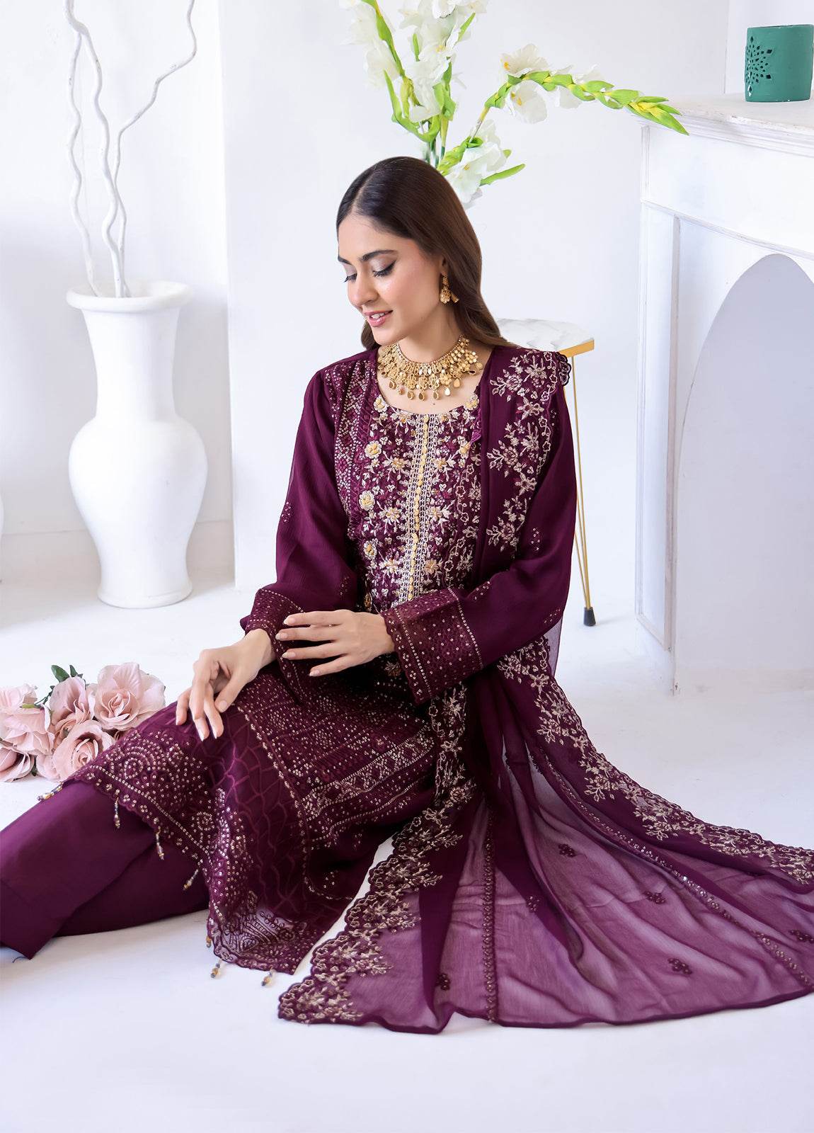 Zahikah By Bin Hameed Luxury Embroidered Chiffon Untitched 3pcs - Jotey