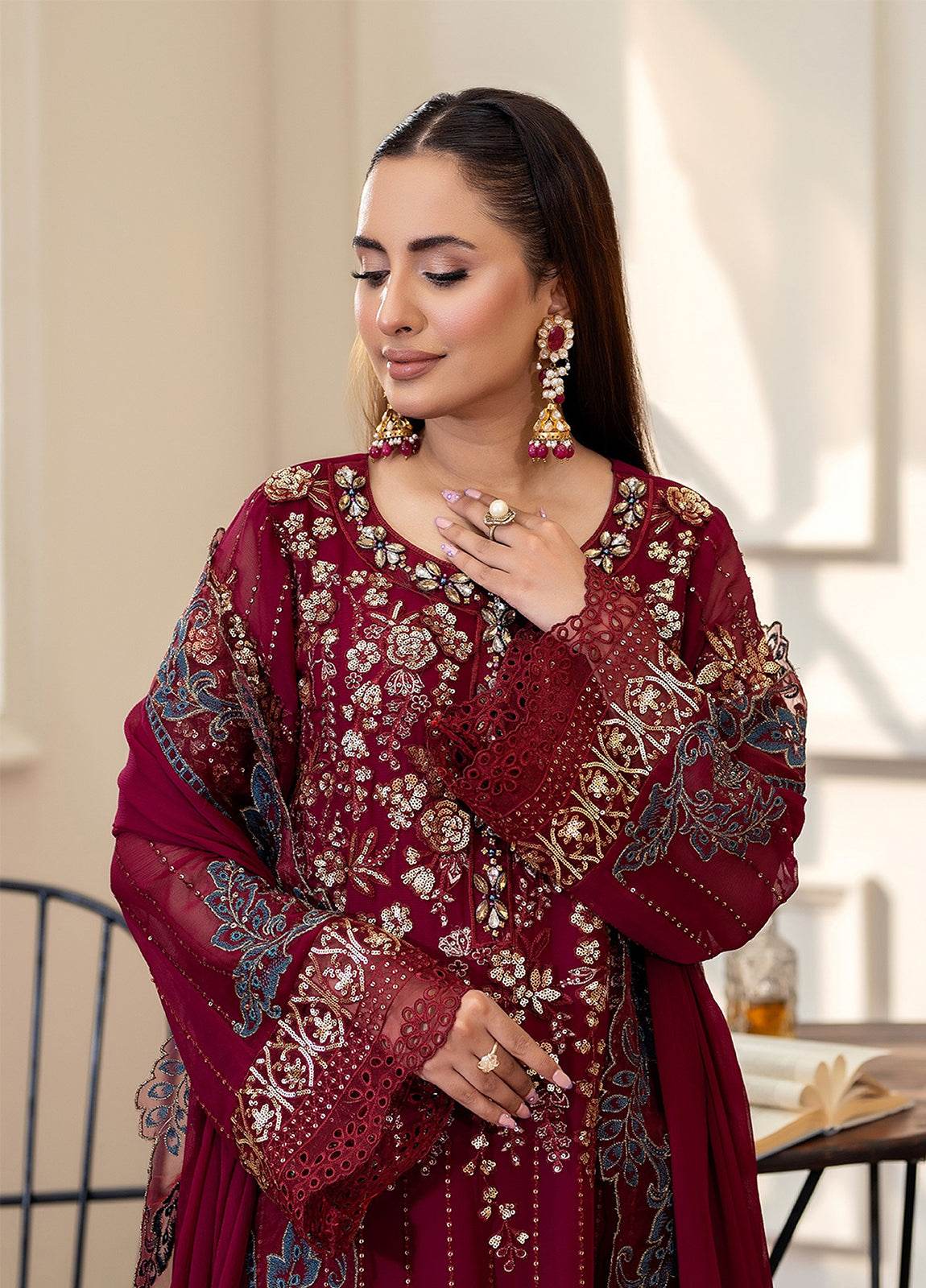 Tabassum By ZA Clothes Embroidered Chiffon Semi-Stitched 3pcs - Jotey
