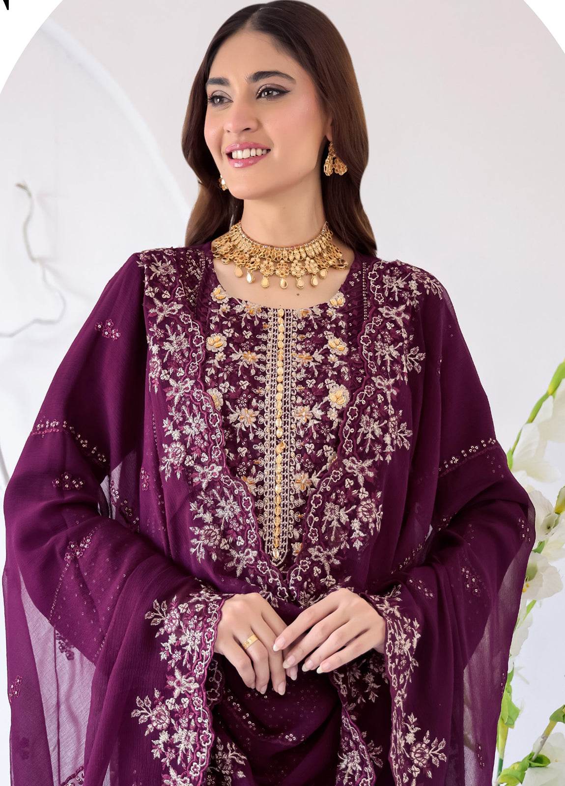 Zahikah By Bin Hameed Luxury Embroidered Chiffon Untitched 3pcs - Jotey