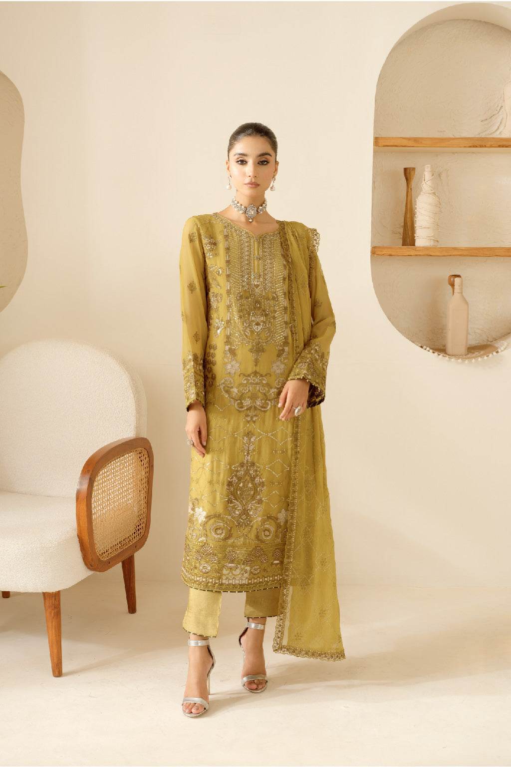 Sonehri By Ramsha Chiffon Unstitched 3pcs - Jotey
