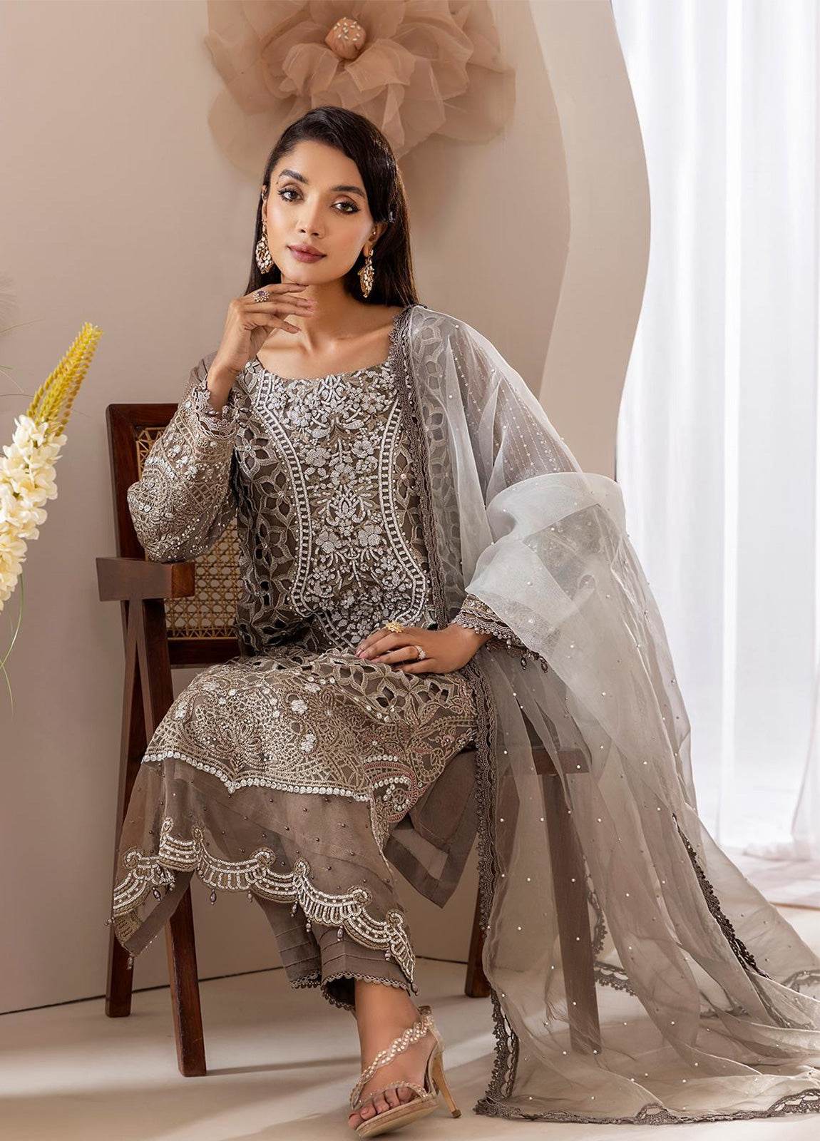 Zoya By ZA Clothes Embroidered Chiffon Semi-Stitched 3pcs - Jotey