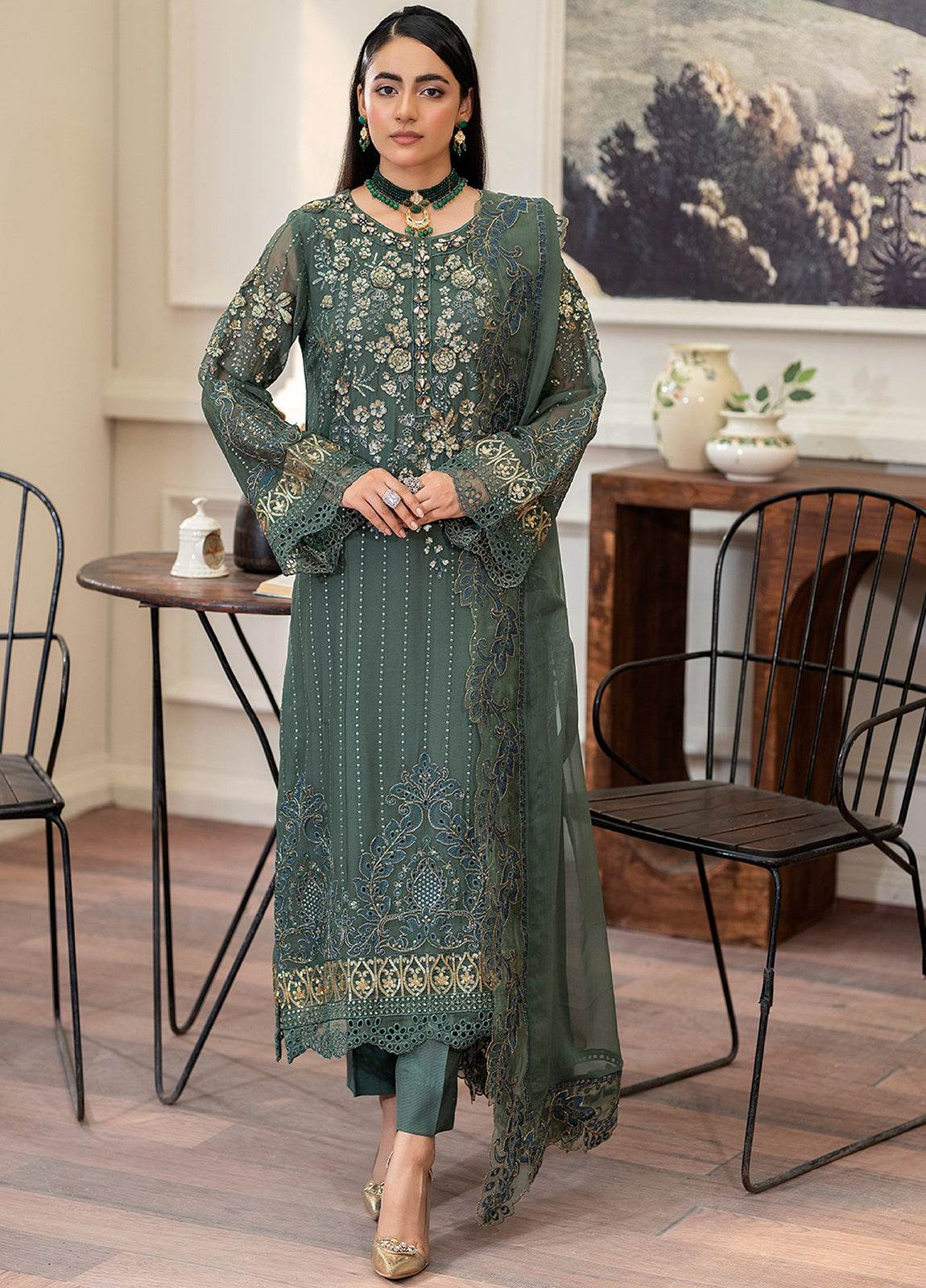 Tabassum By ZA Clothes Embroidered Chiffon Semi-Stitched 3pcs - Jotey