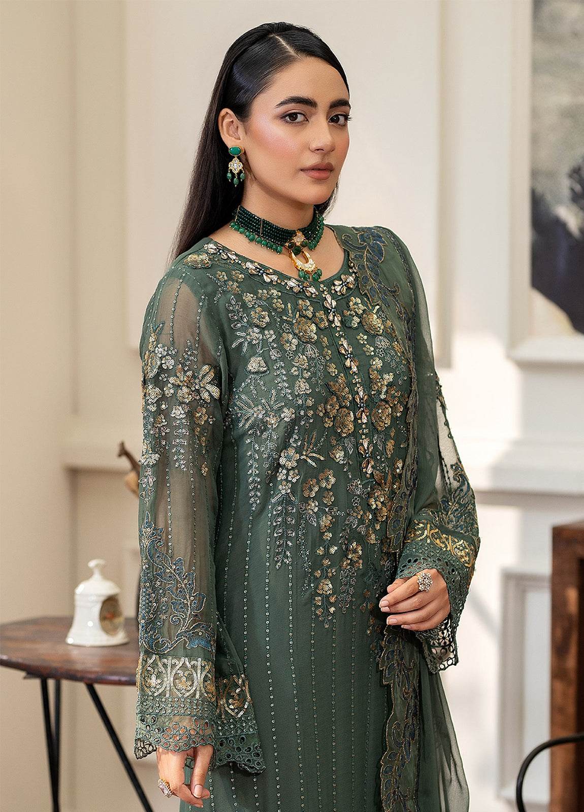 Tabassum By ZA Clothes Embroidered Chiffon Semi-Stitched 3pcs - Jotey