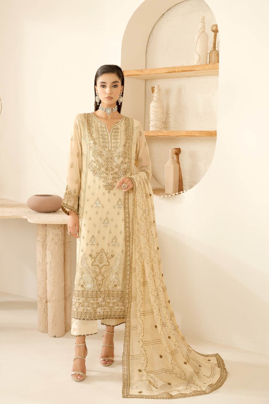 Sonehri By Ramsha Chiffon Unstitched 3pcs - Jotey