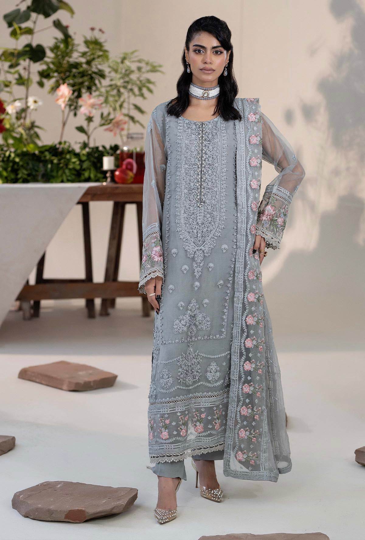 Roshnai By ZA Clothes Embroidered Semi-Stitched Organza 3pcs - Jotey