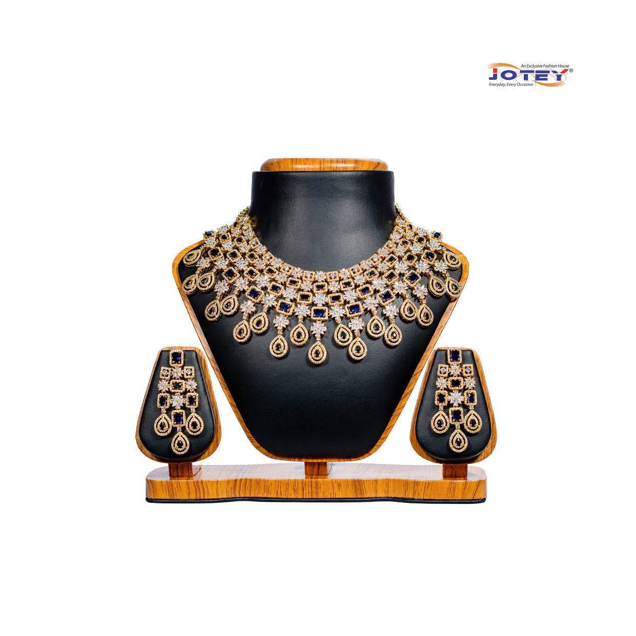 Diamond Cut Blue AD Stone Semi Bridal Neckless Set - Jotey