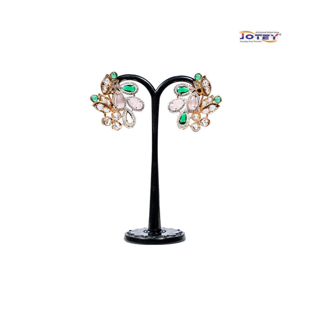 Diamond Cut Mint Green Panna, AD Stone Earrings - Jotey