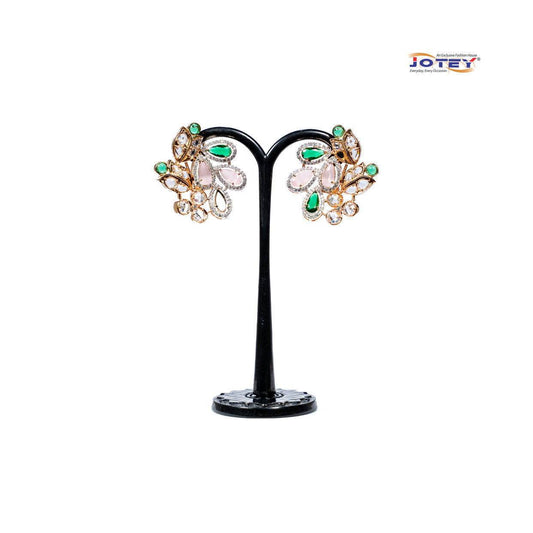 Diamond Cut Mint Green Panna, AD Stone Earrings - Jotey