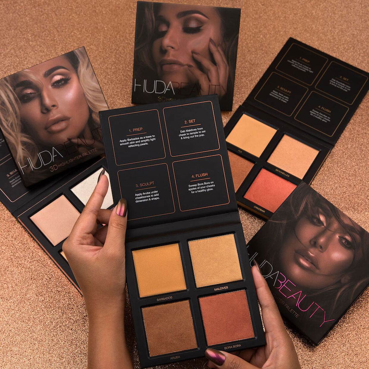 Huda Beauty 3D Cream and Powder Highlighter Palette-Pink Sands - Jotey