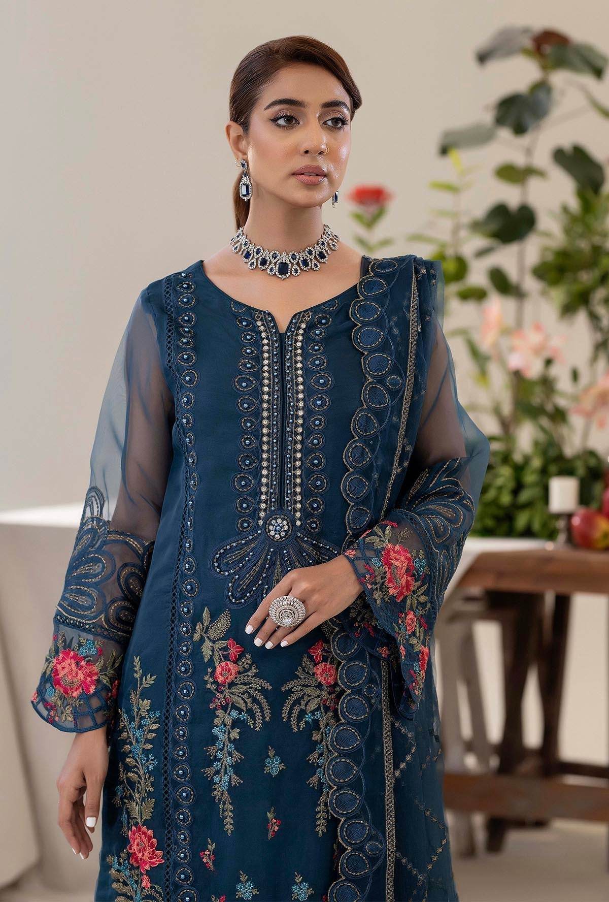 Raahi By ZA Clothes Embroidered Semi-Stitched Organza 3pcs - Jotey