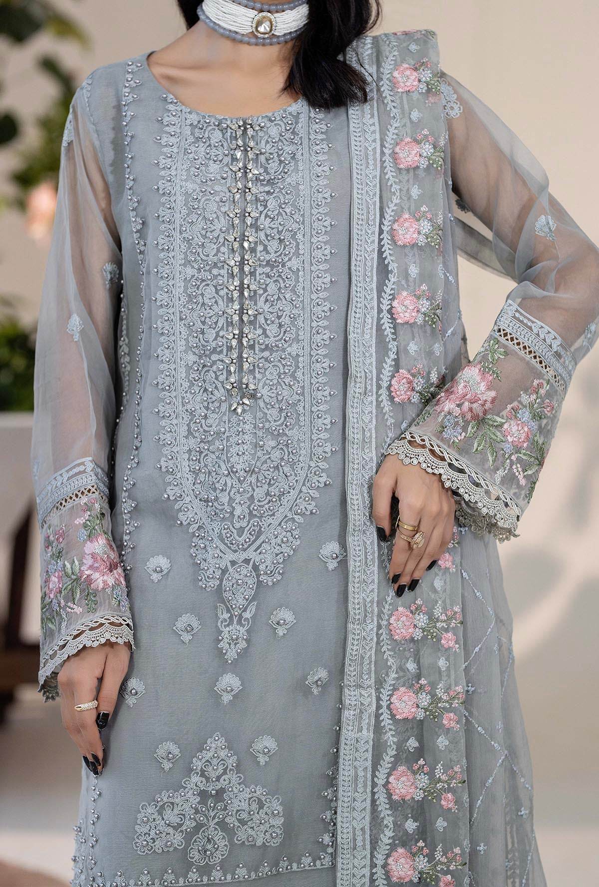 Roshnai By ZA Clothes Embroidered Semi-Stitched Organza 3pcs - Jotey